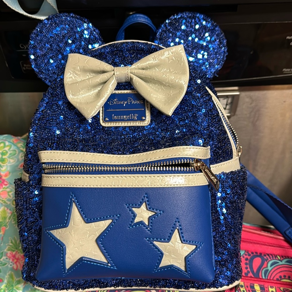 Disney Parks Loungefly mini backpack bag Blue Sequin silver bow stars Make Wish
